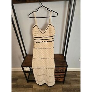 casacabana Crochet Knit Midi Dress Beige Black Stripe V Neck Spaghetti Strap XL